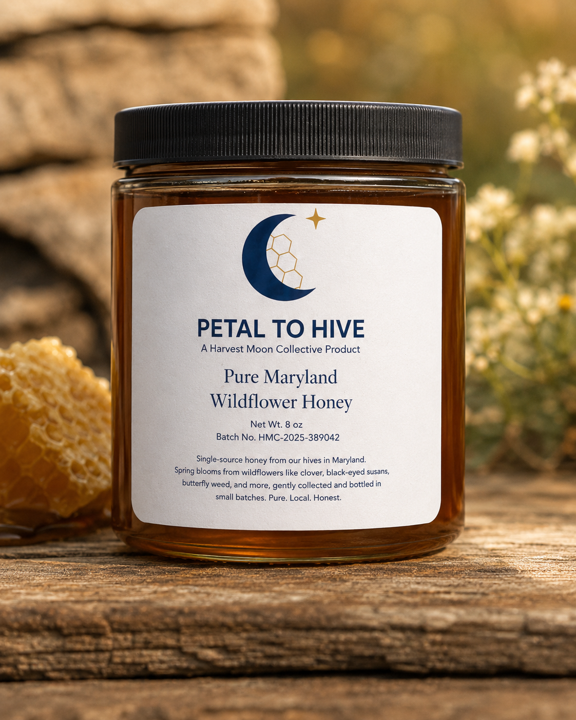 Petal to Hive honey jar, 2025 harvest, Finksburg Maryland